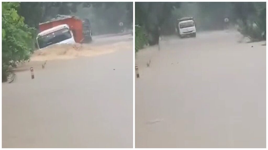 Truck fell from bridge : देखिए Live वीडियो: तेज बहाव में बह गया ड्राइवर और ट्रक, कोयला भी पानी में गुम..!