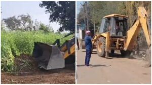 बृजेश ताम्रकार के अवैध दुकान पर प्रशासन की टीम ने बुलडोजर चलाया।